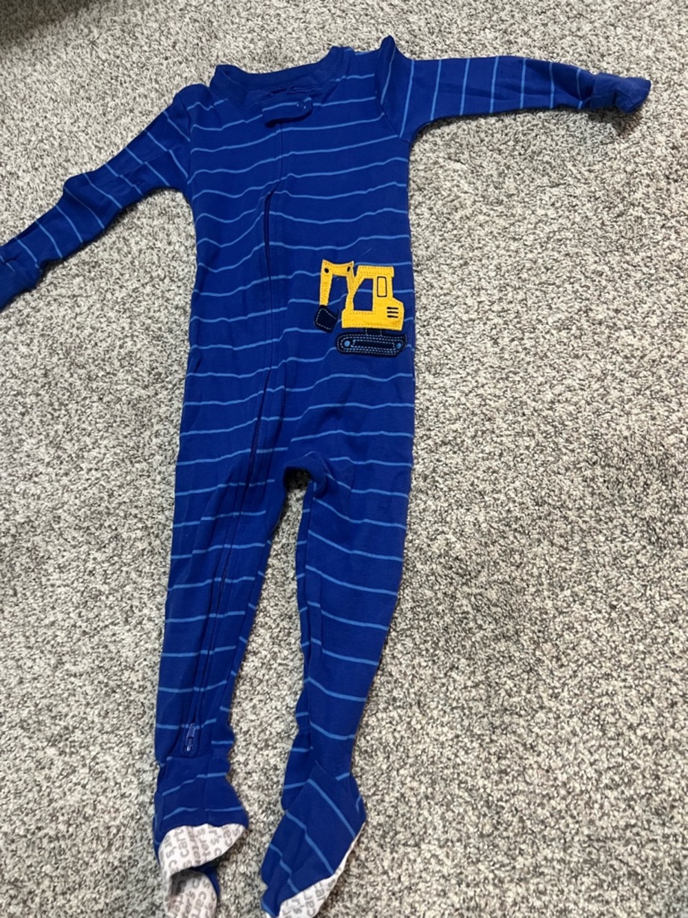 Carter's Blue Striped Footed One-Piece with Yellow Excavator